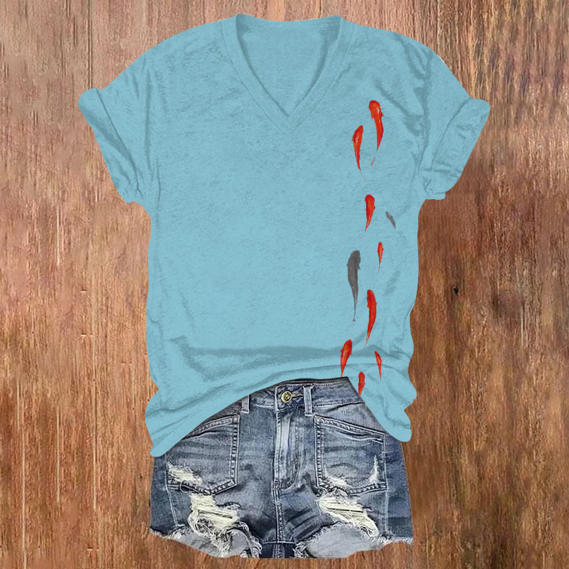 Fish Oil Painting Art Print T-shirt - Sky Blue - US32-34(5XL) - image 1