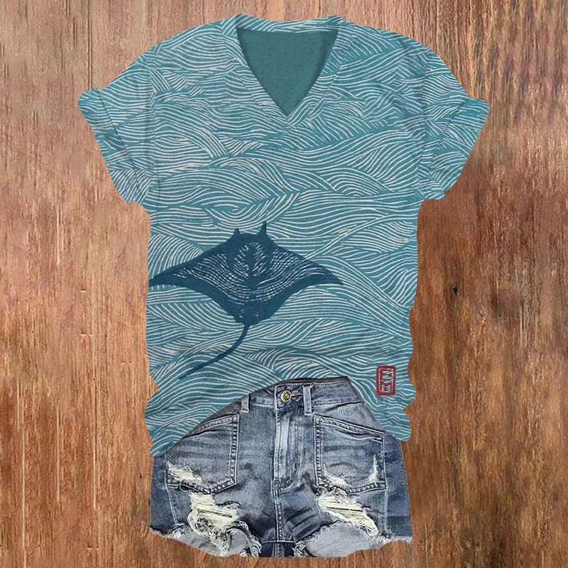 Japanese Ray Art Print T-shirt - Blue - US32-34(5XL) - image 1