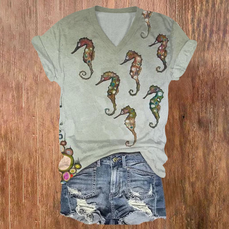 Seahorse Art Print T-shirt - Grey - US32-34(5XL) - image 1