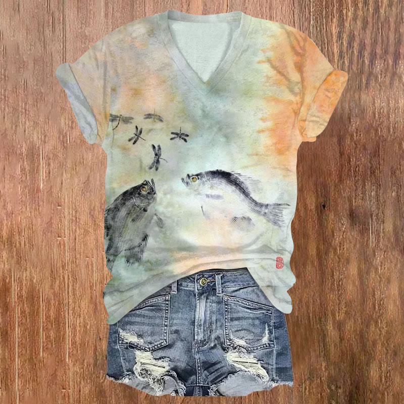 Japanese Style Fish And Dragonfly Art Print T-shirt - Multicolor - US32-34(5XL) - image 1