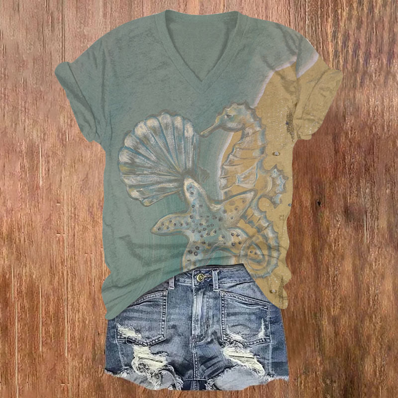 Beach Seahorse Shell Art Print T-shirt - Grey - US32-34(5XL) - image 1
