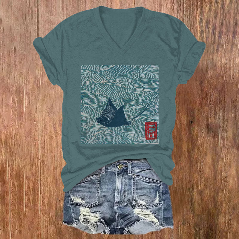 Japanese Ray Art Print T-shirt - Blue - US32-34(5XL) - image 1