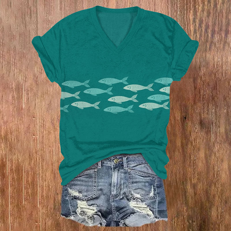 Simple School Of Fish Print T-shirt - Green - US32-34(5XL) - image 1