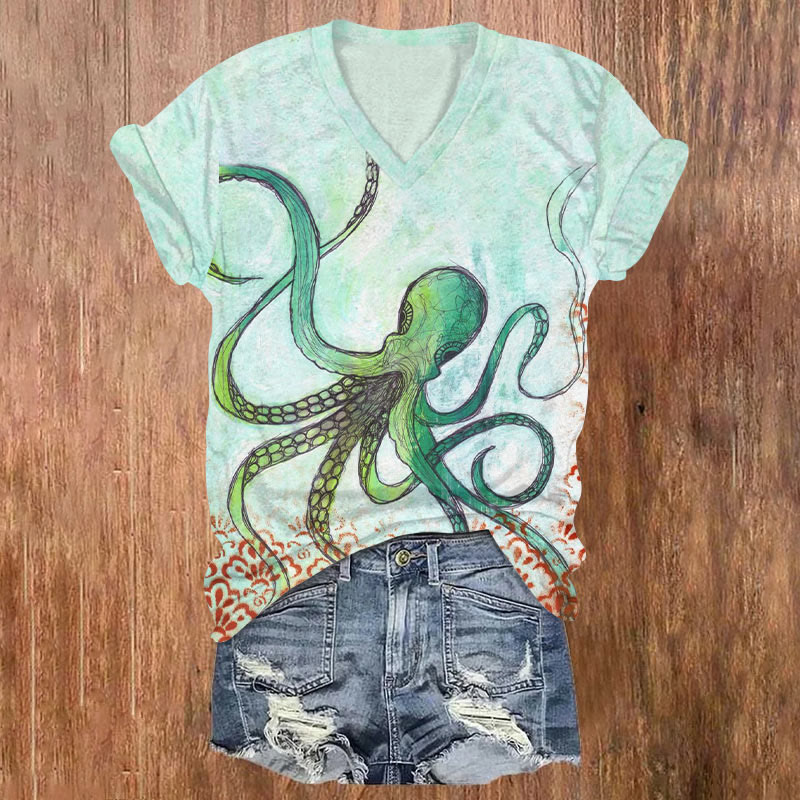 Octopus Art Print T-shirt - Green - US32-34(5XL) - image 1
