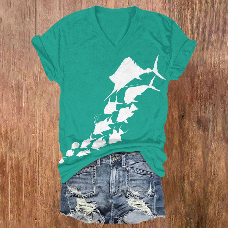 Simple School Of Fish Art Print T-shirt - Green - US32-34(5XL) - image 1