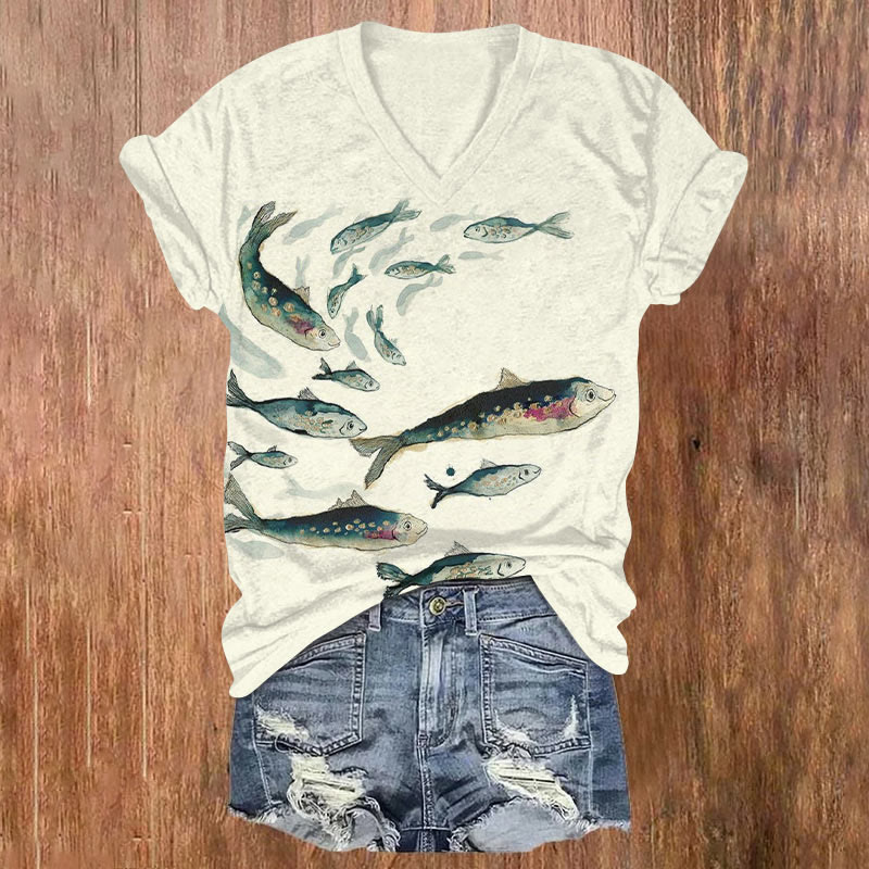 Japanese Fish School Print T-shirt - Beige - US32-34(5XL) - image 1