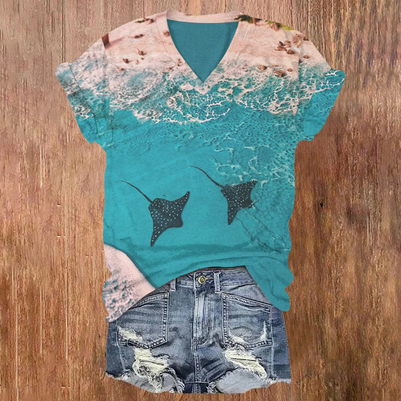 Beach Ray Print T-shirt - Lake Blue - US32-34(5XL) - image 1