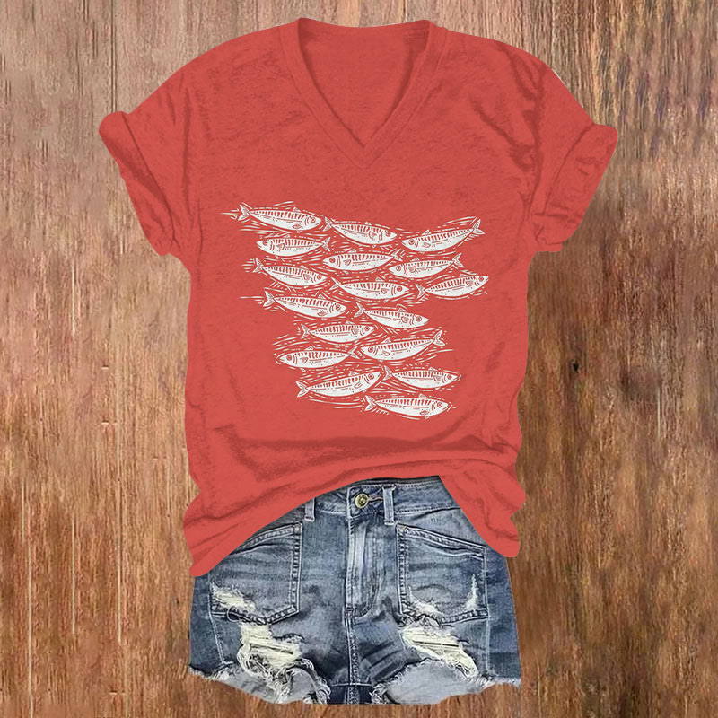 Japanese Lino Fish Art Print T-shirt - Red - US32-34(5XL) - image 1