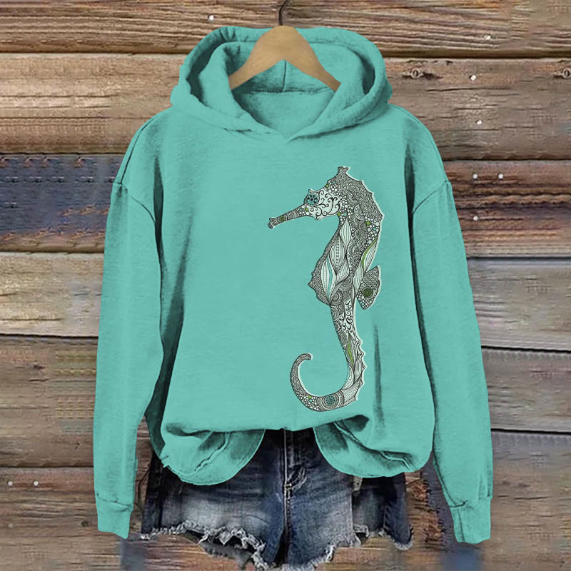Seahorse Art Print Long Sleeve Hoodie - Green - US44-46(8XL) - image 1