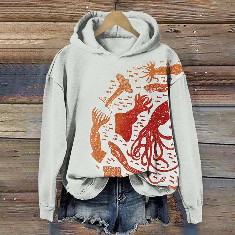 Octopus And Fish Print Long Sleeve Hoodie - Light Gray - US44-46(8XL) - image 1