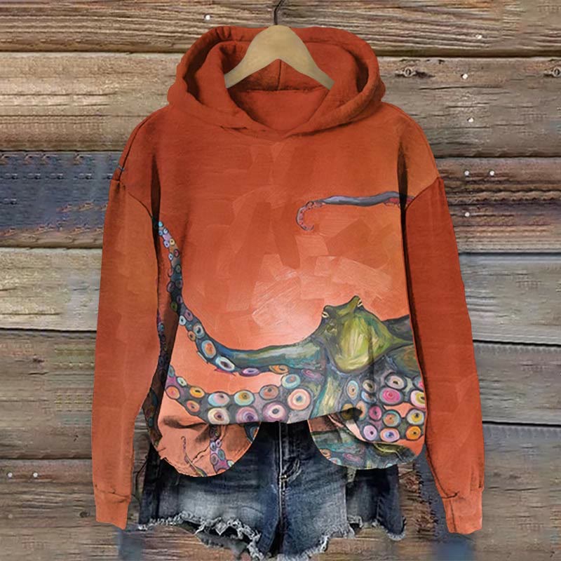 Octopus Art Print Long Sleeve Hoodie - Orange - US44-46(8XL) - image 1