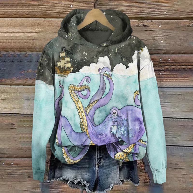 Octopus Art Print Long Sleeve Hoodie - Multicolor - US44-46(8XL) - image 1