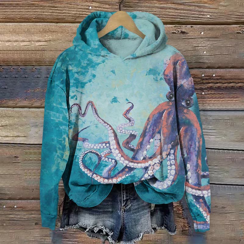 Undersea Octopus Art Print Long Sleeve Hoodie - Lake Blue - US44-46(8XL) - image 1