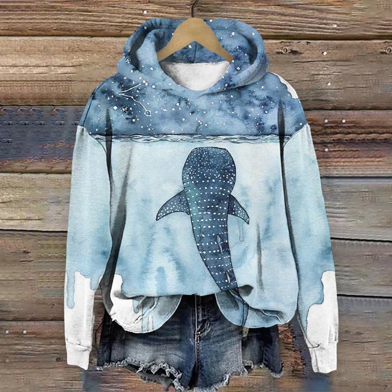 Whale Shark Art Print Long Sleeve Hoodie - Blue - US44-46(8XL) - image 1