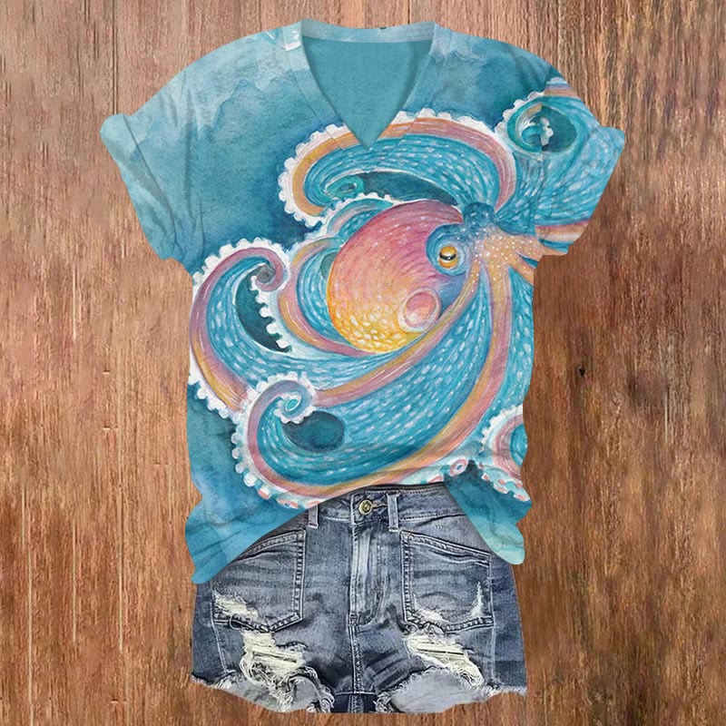 Artistic Watercolor Octopus Print T-shirt - Blue - US32-34(5XL) - image 1