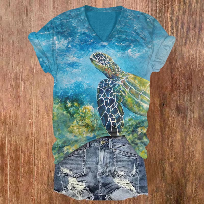Watercolor Oil Painting Sea Turtle Print T-shirt - Blue - US32-34(5XL) - image 1