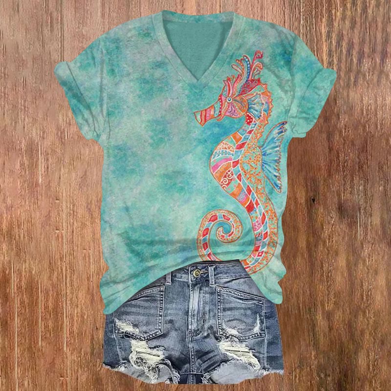Painted Seahorse Art Print T-shirt - Green - US32-34(5XL) - image 1