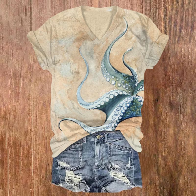 Watercolor Octopus Tentacles Art Print T-shirt - Apricot - US32-34(5XL) - image 1