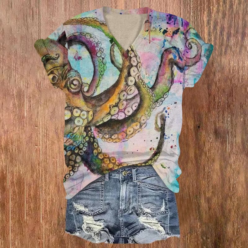 Watercolor Octopus Art Print T-shirt - Multicolor - US32-34(5XL) - image 1