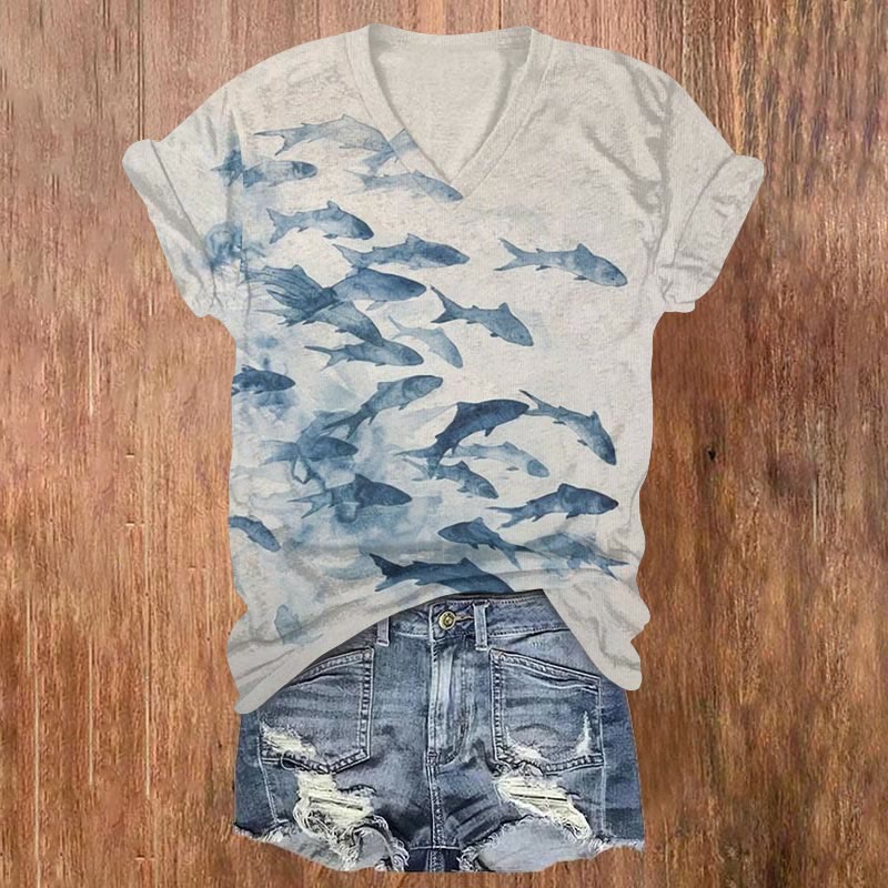 Gradient Fish Art Print T-shirt - Beige - US32-34(5XL) - image 1