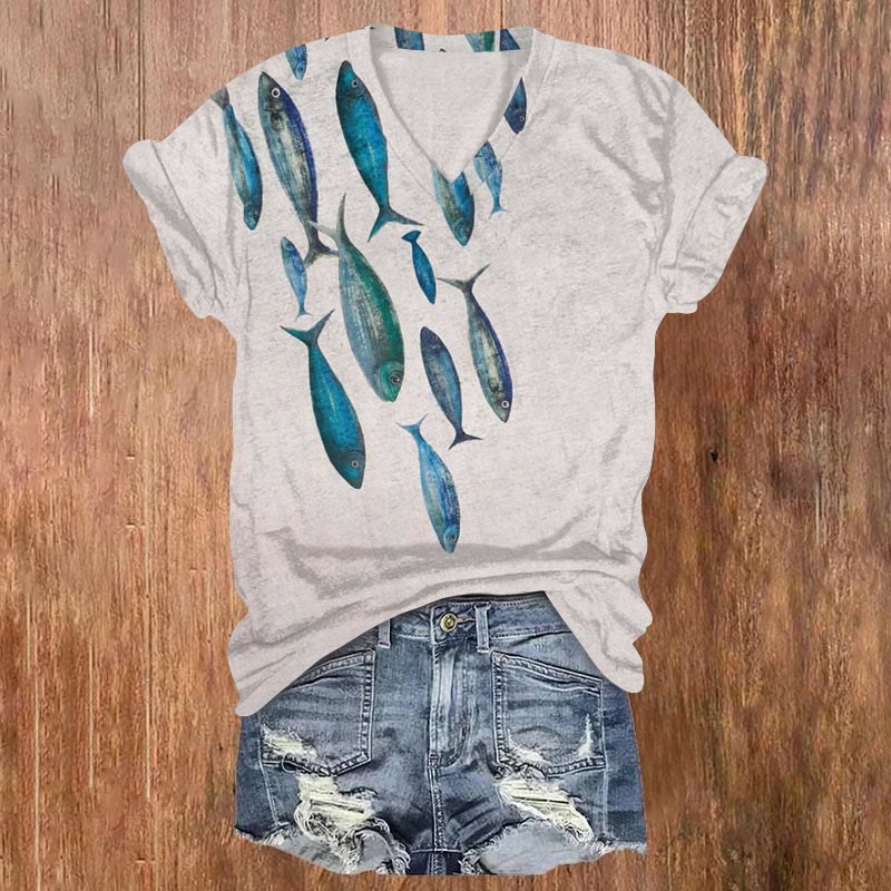 Gradient Fish Art Print T-shirt - Light Gray - US32-34(5XL) - image 1