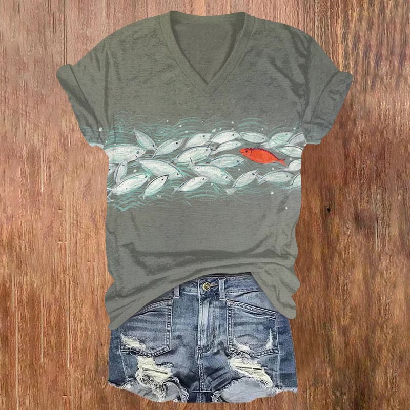 Personalized Fish School Art Print T-shirt - Grey - US32-34(5XL) - image 1