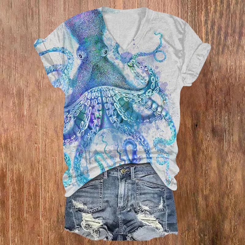 Octopus Watercolor Art Print T-shirt - Blue - US32-34(5XL) - image 1