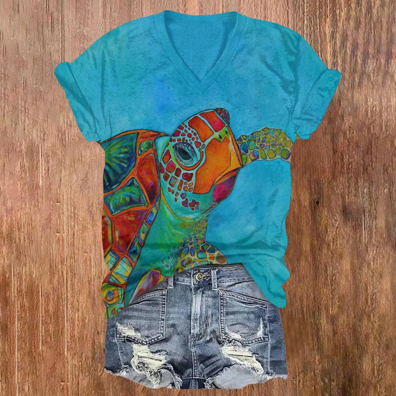 Colorful Sea Turtle Art Print T-shirt - Lake Blue - US32-34(5XL) - image 1