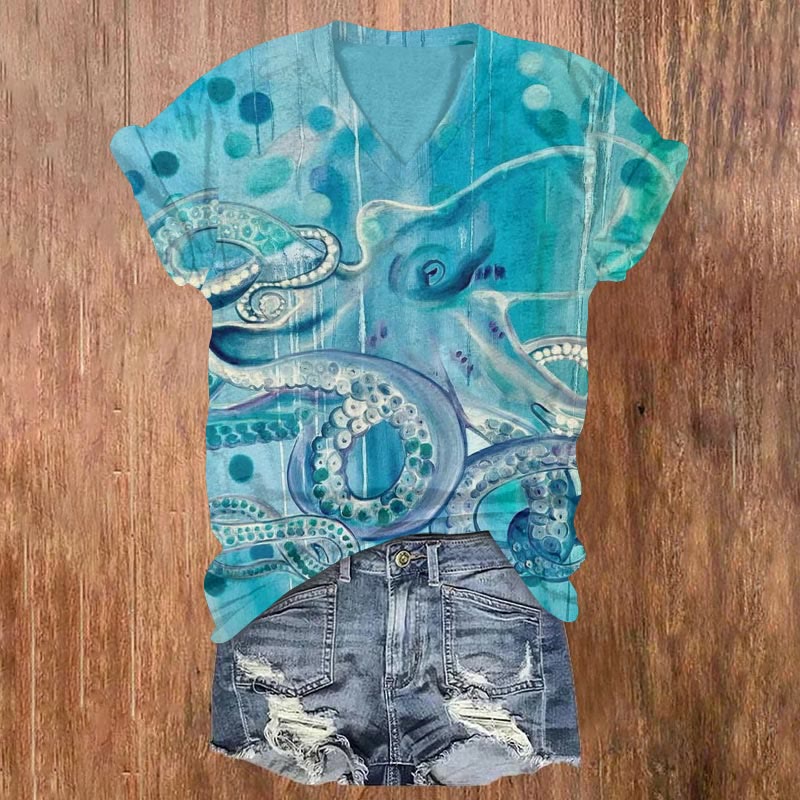  Abstract Octopus Art Print T-shirt - Lake Blue - US32-34(5XL) - image 1