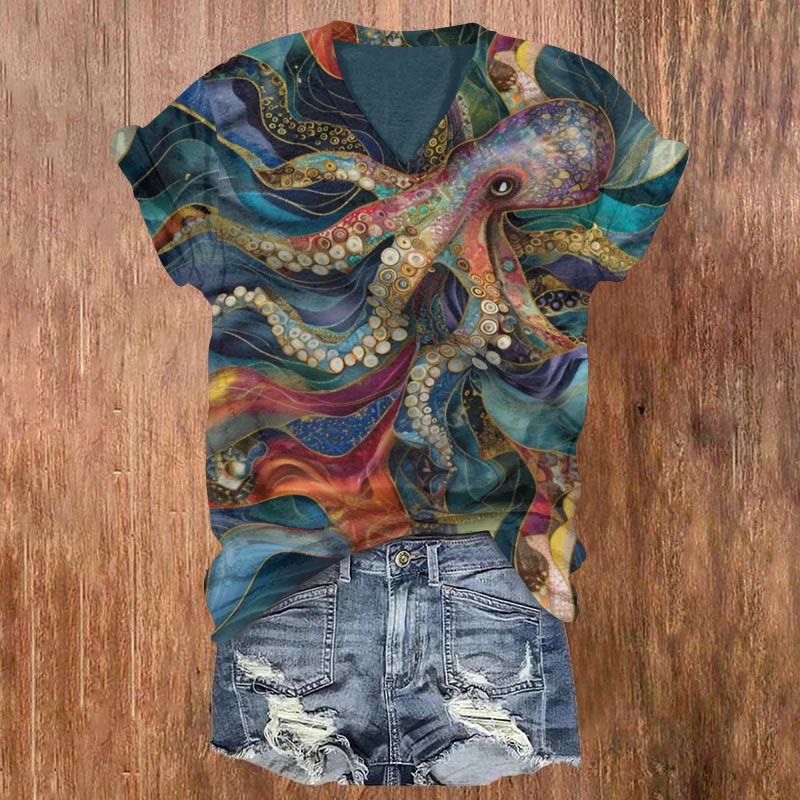 Abstract Colorful Octopus Print T-shirt - Multicolor - US32-34(5XL) - image 1