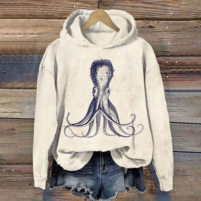 Japanese Retro Octopus Print Long Sleeve Hoodie - Apricot - US44-46(8XL) - image 1