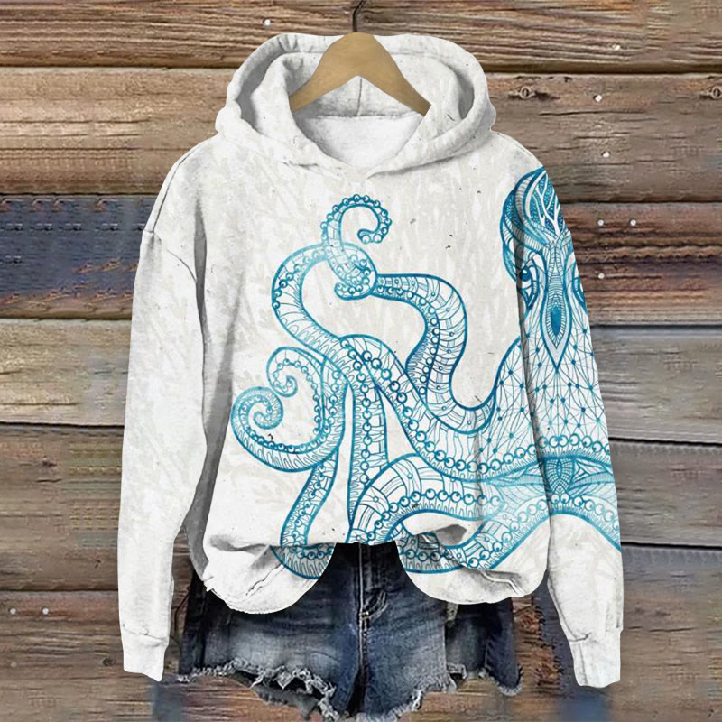 Octopus Art Print Long Sleeve Hoodie - White - US44-46(8XL) - image 1