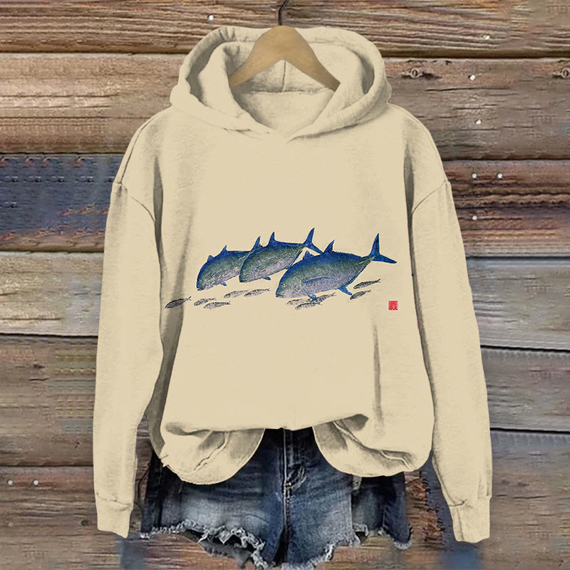Japanese Retro Fish Print Long Sleeve Hoodie - Khaki - US44-46(8XL) - image 1