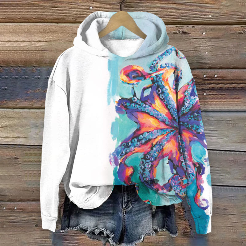 Abstract Octopus Print Long Sleeve Hoodie - White - US44-46(8XL) - image 1