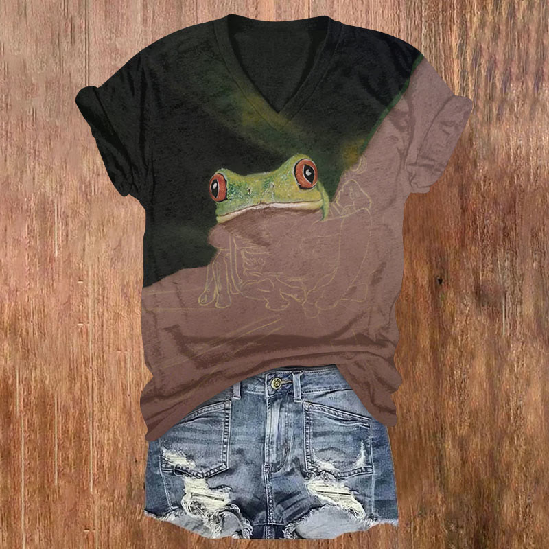 Retro Spliced ​​frog Art Print T-shirt - Coffee - US32-34(5XL) - image 1
