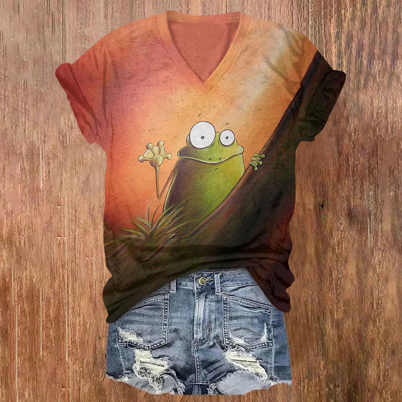 Retro Contrasting Color Frog Art Print T-shirt - Multicolor - US32-34(5XL) - image 1