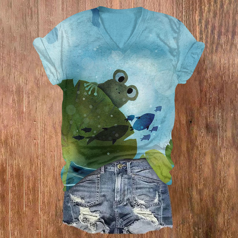 Frog Underwater World Print T-shirt - Sky Blue - US32-34(5XL) - image 1