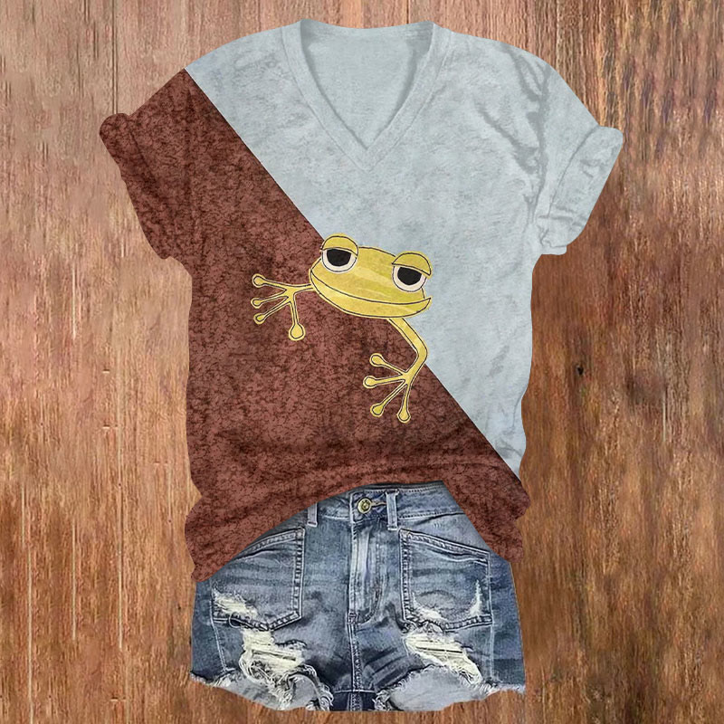 Color Block Cartoon Frog Print T-shirt - Grey - US32-34(5XL) - image 1