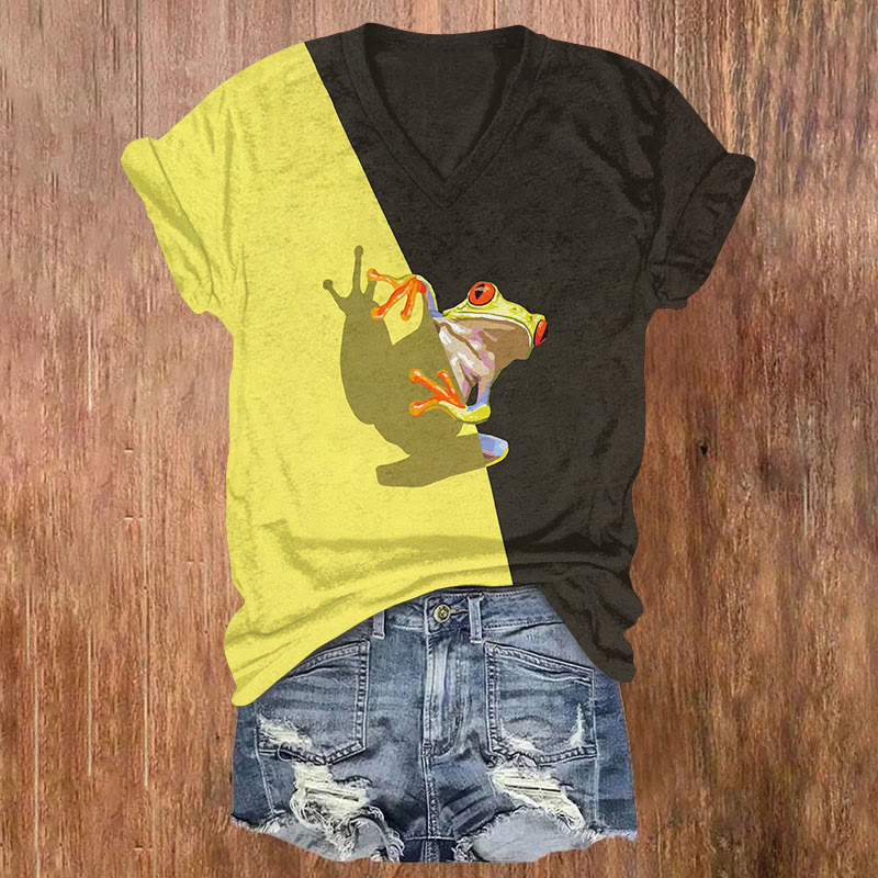 Color Block Frog Print T-shirt - Yellow - US32-34(5XL) - image 1