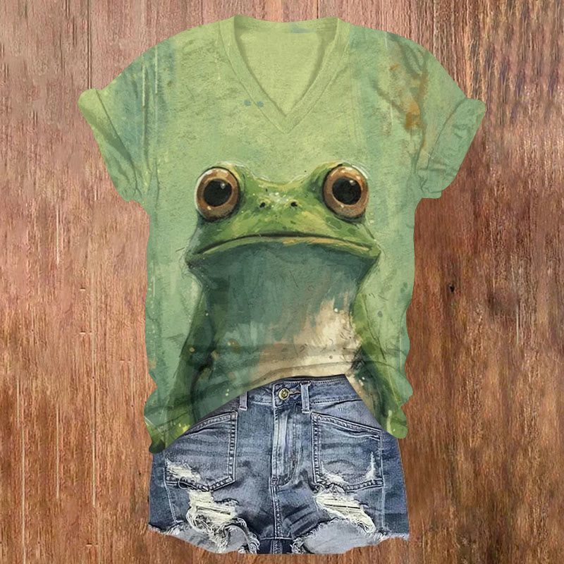  Vintage Oil Painting Frog Print T-shirt - Green - US32-34(5XL) - image 1