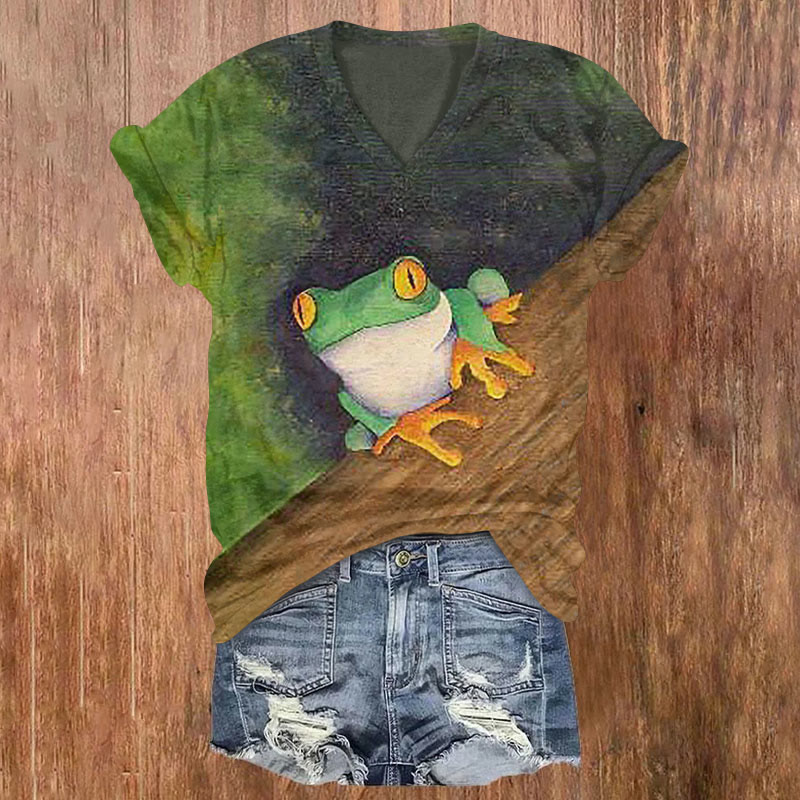  Retro Frog Print T-shirt - Green - US32-34(5XL) - image 1