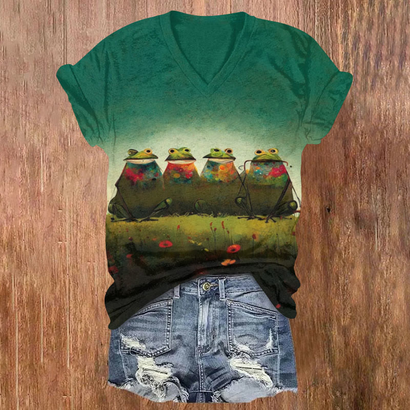 Cartoon Frog Band Art Print T-shirt - Green - US32-34(5XL) - image 1