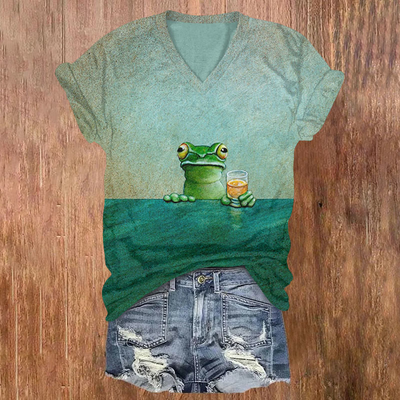 Funny Frog Drinking Drink Print T-shirt - Green - US32-34(5XL) - image 1