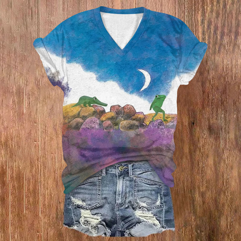 Frog And Crocodile On Moonlit Night Print T-shirt - Multicolor - US32-34(5XL) - image 1