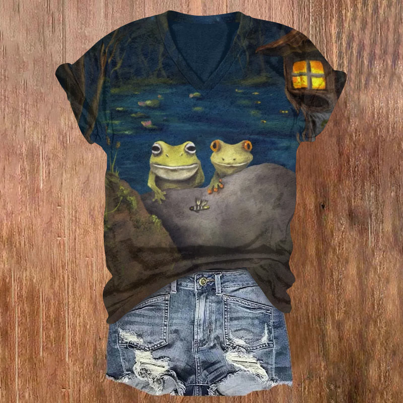 Night Lake Frog Print T-shirt - Multicolor - US32-34(5XL) - image 1