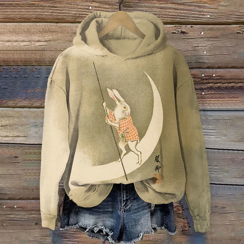 Retro Japanese Moon Rabbit Print Long Sleeve Hoodie - Khaki - US44-46(8XL) - image 1