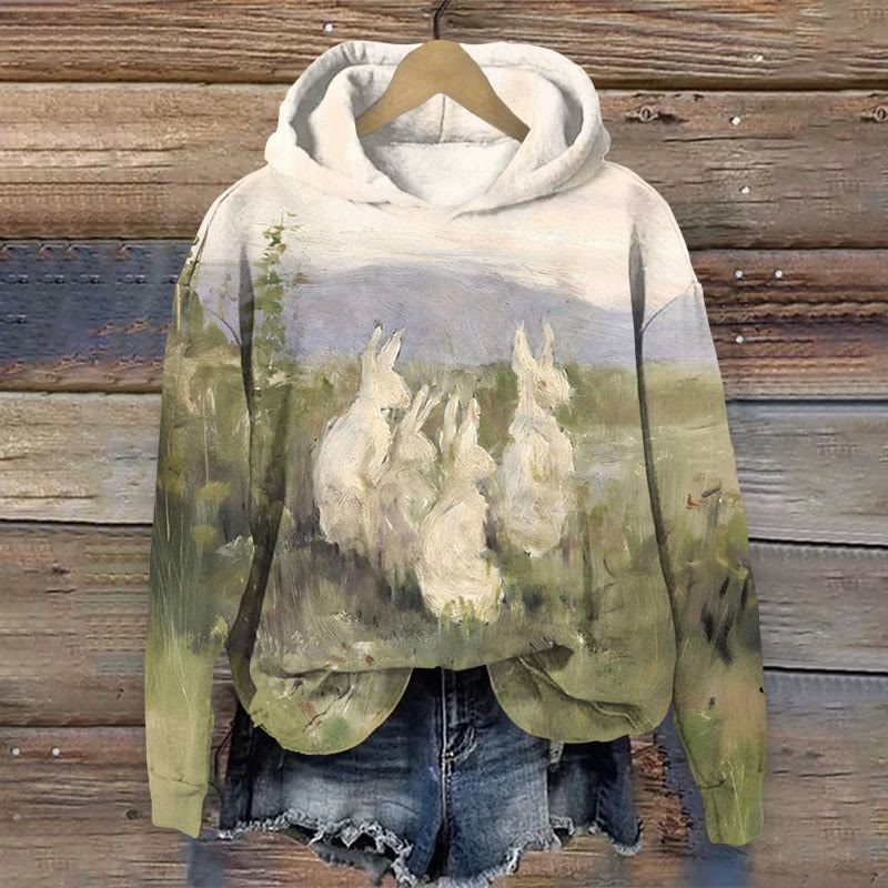 Oil Painting Rabbit Print Long Sleeve Hoodie - Multicolor - US44-46(8XL) - image 1