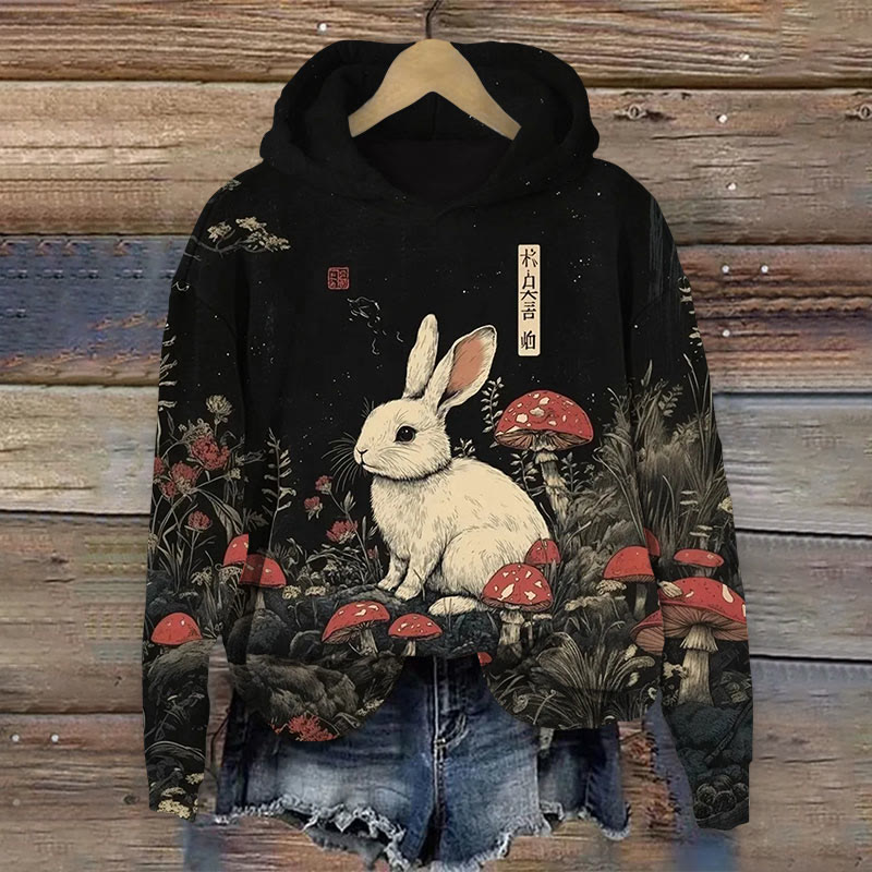 Japanese Style Rabbit And Mushrooms Print Long Sleeve Hoodie - Black - US44-46(8XL) - image 1