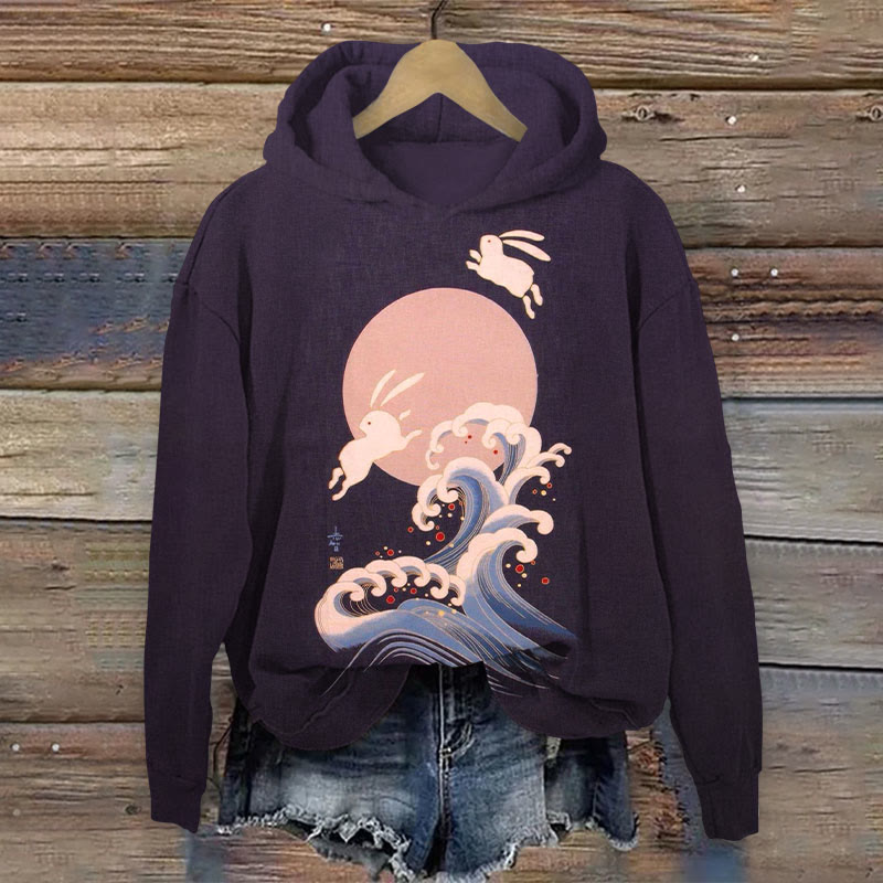 Japanese Style Rabbit And Moon Print Long Sleeve Hoodie - Purple - US44-46(8XL) - image 1