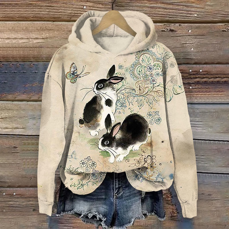 Rabbit And Flowers Print Long Sleeve Hoodie - Khaki - US44-46(8XL) - image 1